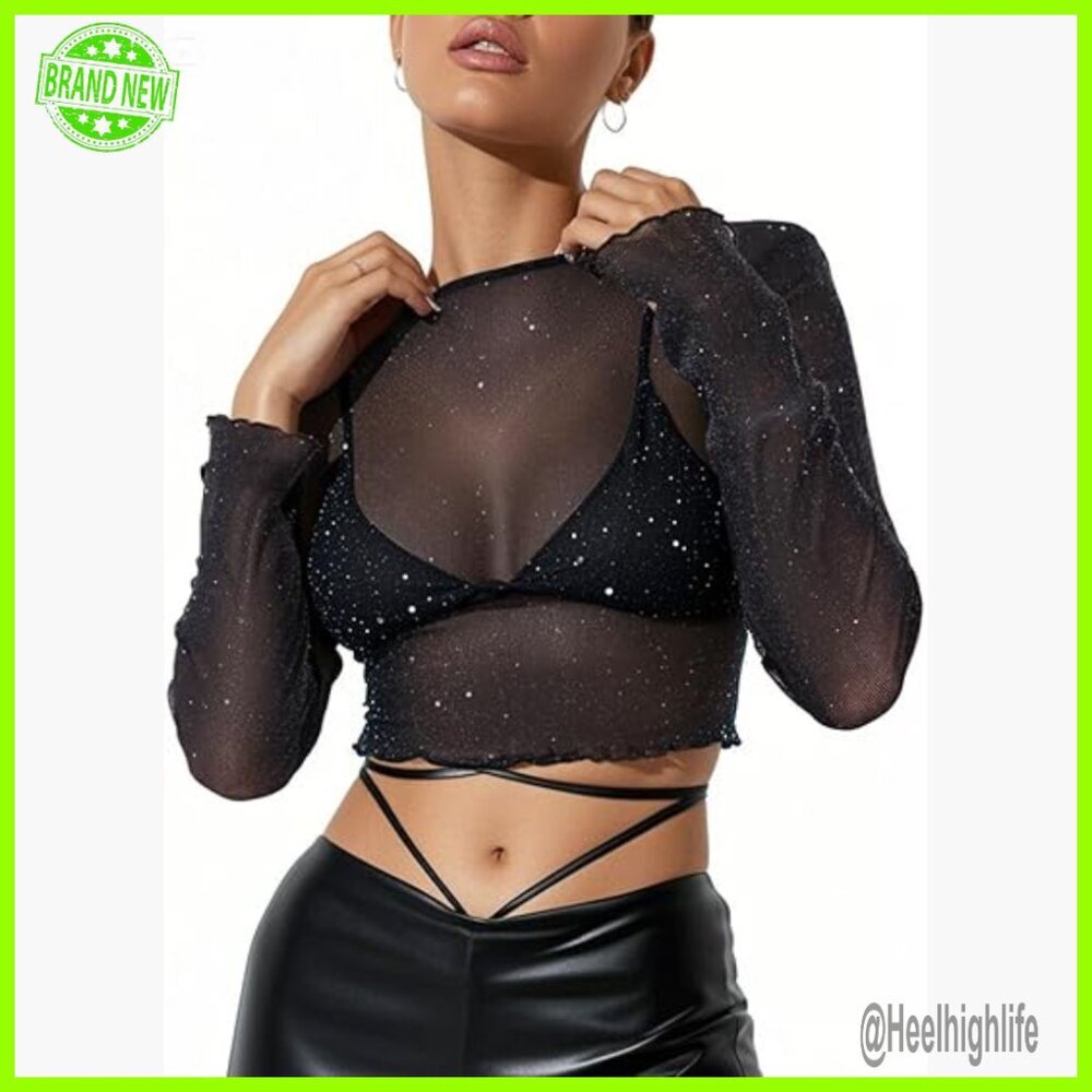 Sheer Mesh Crop Top Long Sleeve Sexy Glitter Tee Loose Fit - Picture 1 of 6